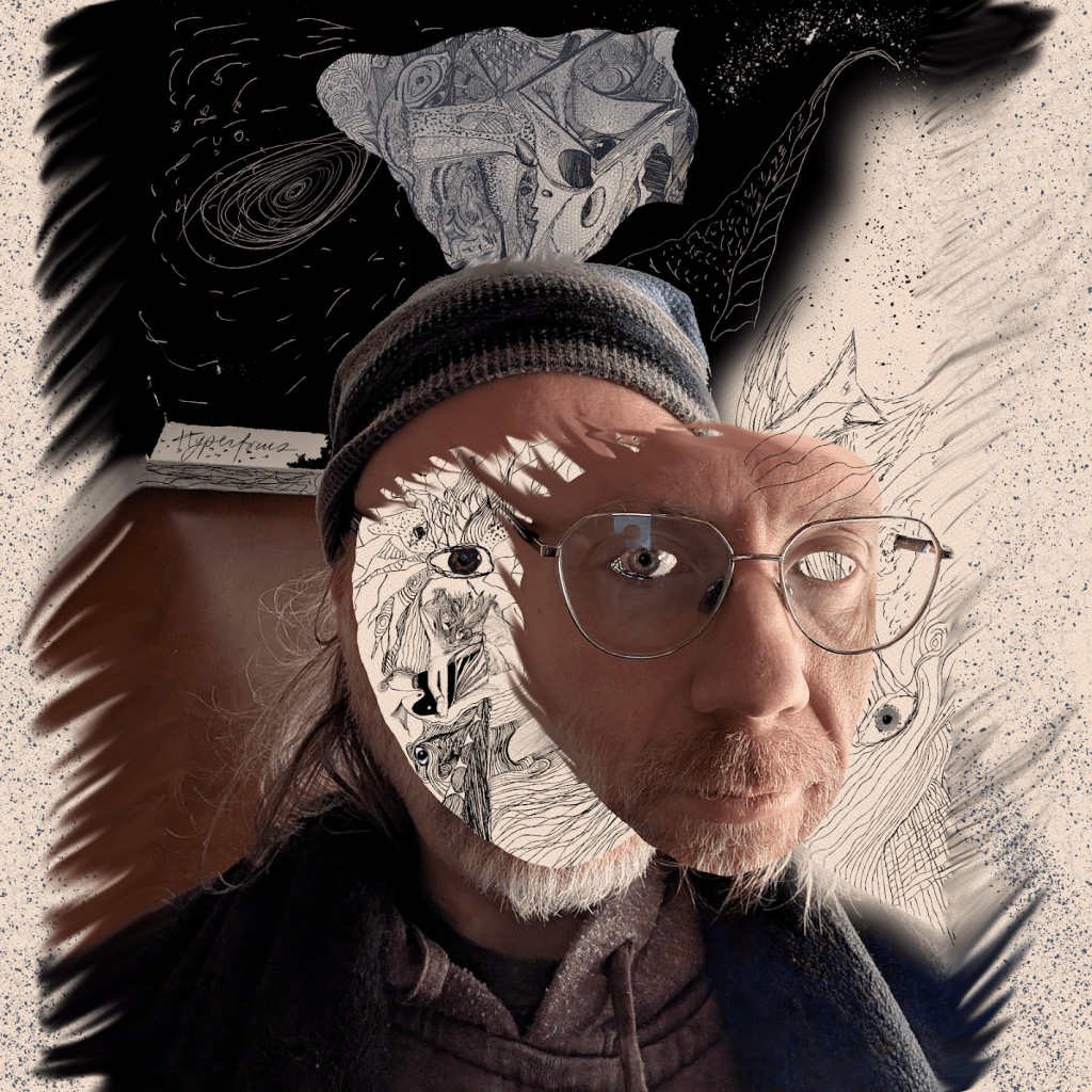 A man with glasses and long hair is depicted in a surreal style, with intricate illustrations merging into his profile, featuring abstract shapes and a cosmic background.